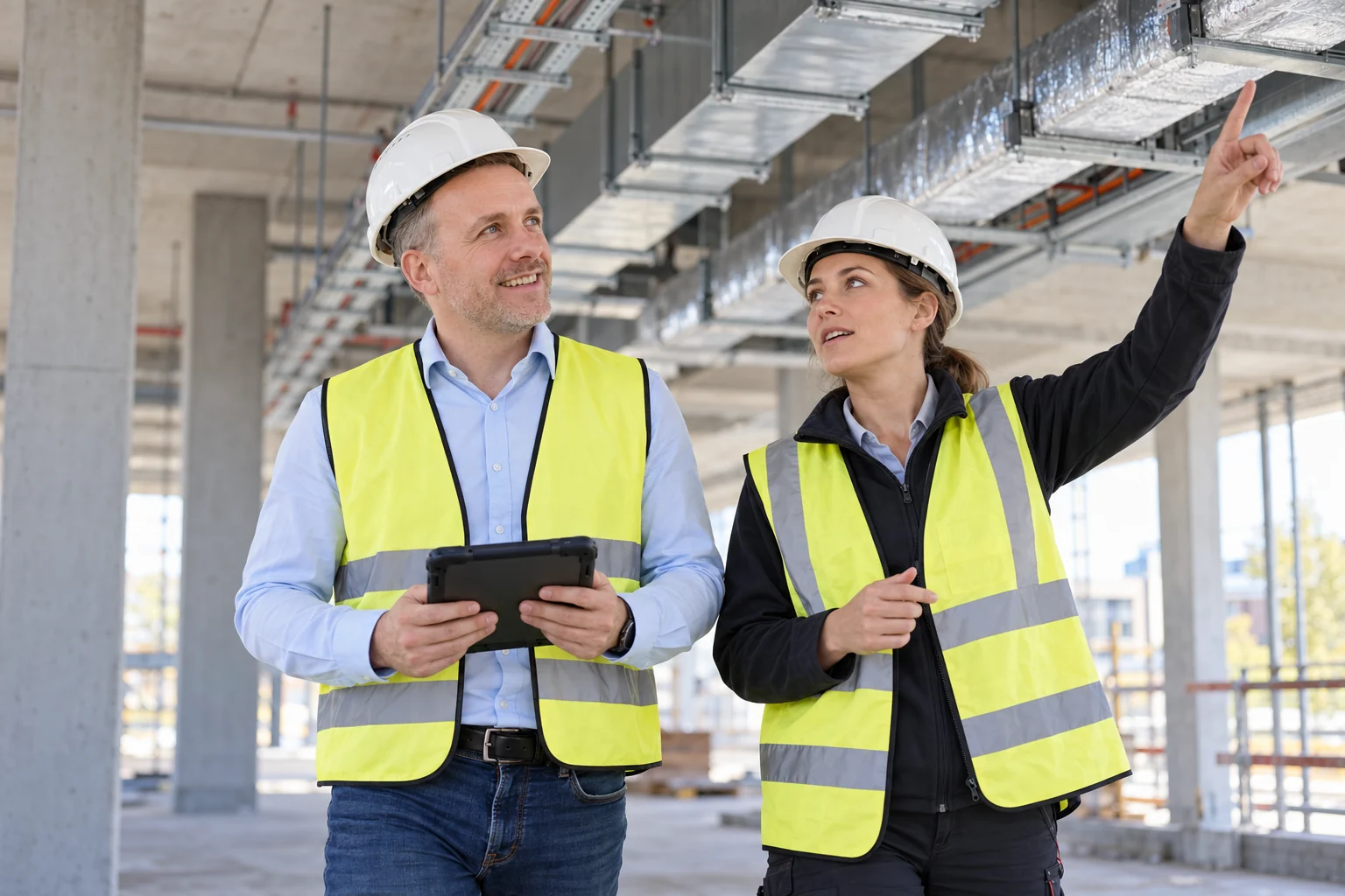 Abstimmung der technischen Ausführung mit Tablet auf der Baustelle