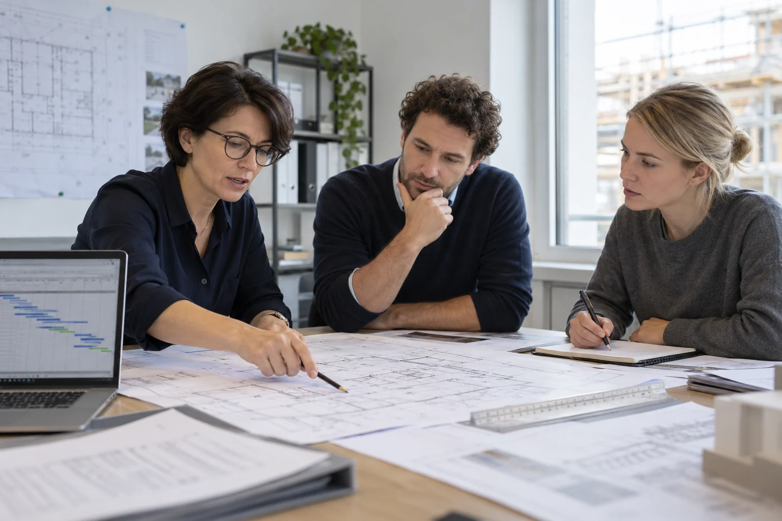 Projektbeteiligte stimmen Planung und nächste Schritte am Besprechungstisch ab