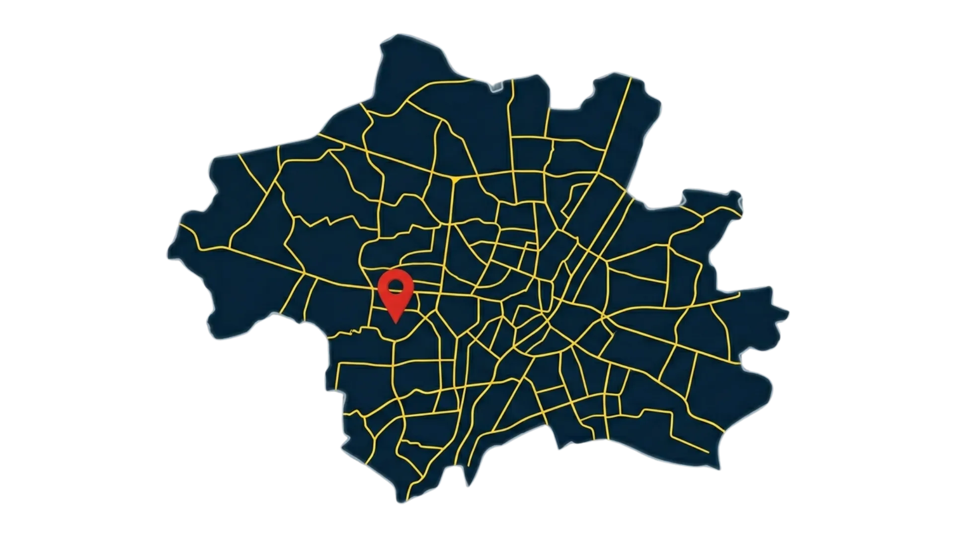 Stadtkarte mit gelben Straßenlinien und rotem Standortmarker in der linken Mitte.