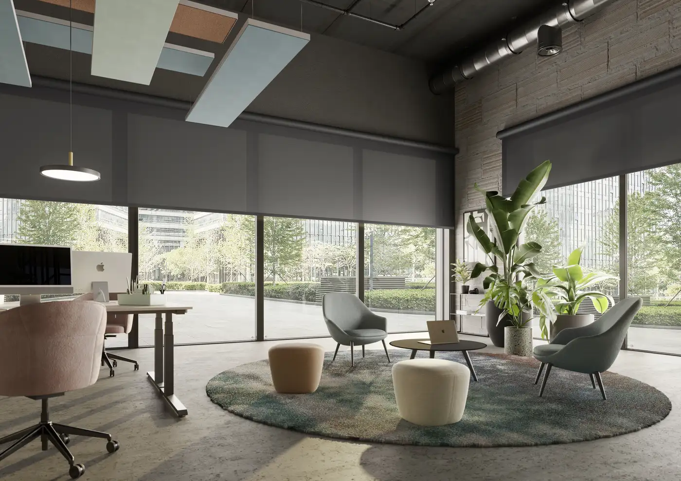 Visualisierung eines Büro-Loungebereichs mit Sesseln und Schreibtisch vor großer Glasfront, an der Decke abgehängte Paneele.