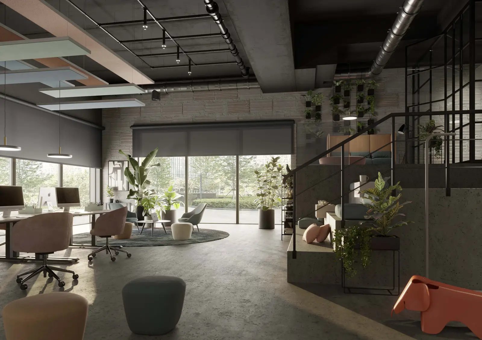 Visualisierung eines Loft-Büros mit Schreibtischen, Sitzgruppe und Pflanzen vor großer Glasfront.
