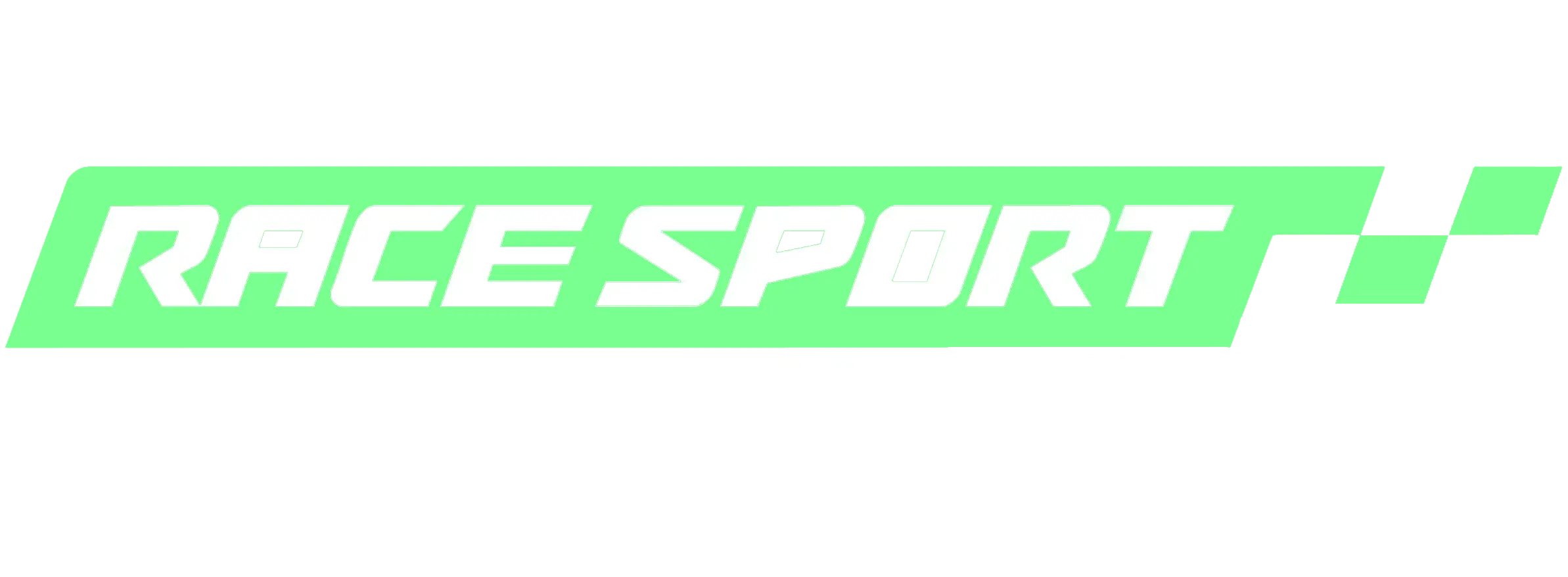 White text 'RACE SPORT' on a green skewed rectangle with two green skewed squares on the right.