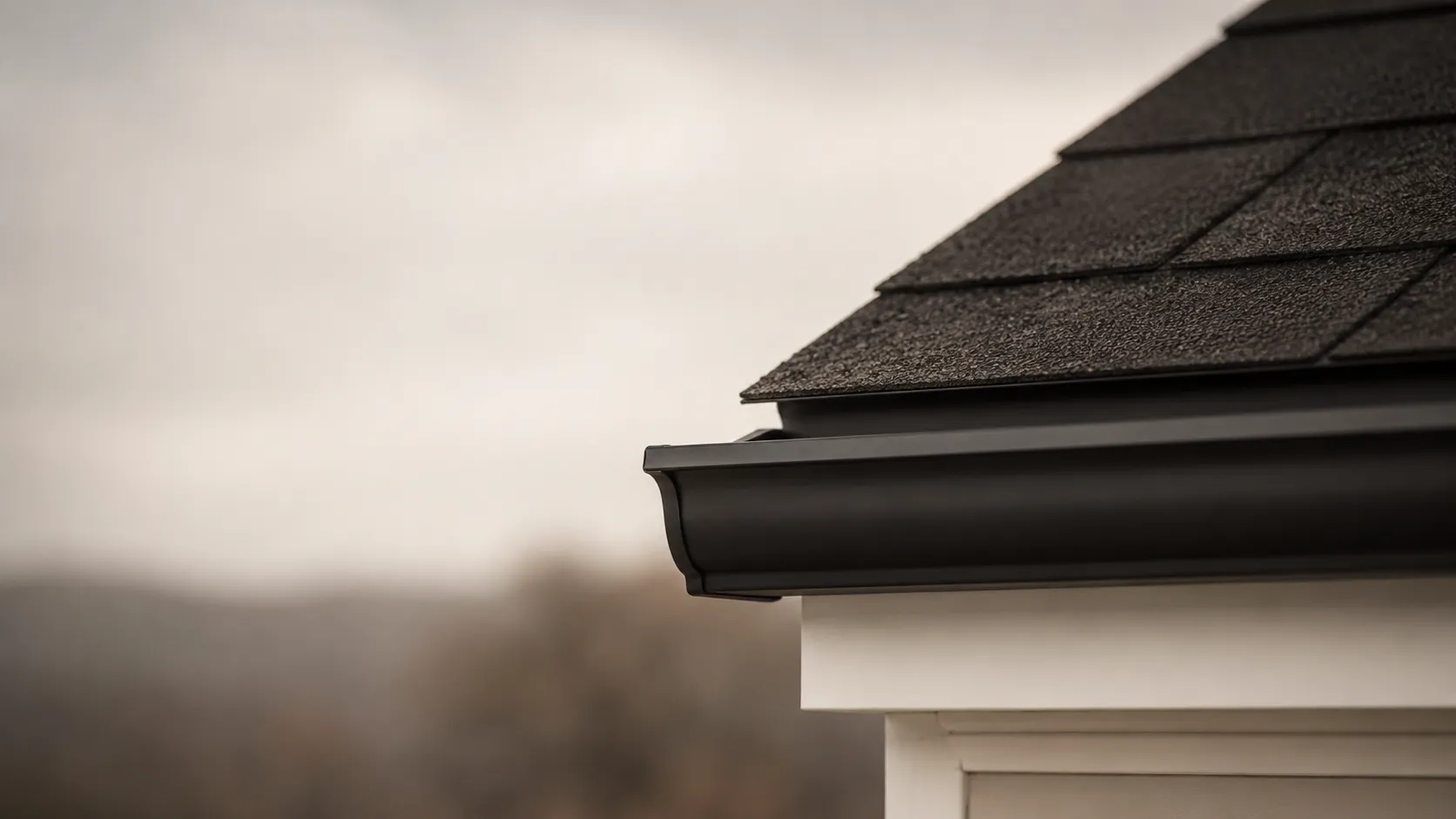 Black seamless gutter meeting dark architectural shingles and white fascia on a Central Florida home