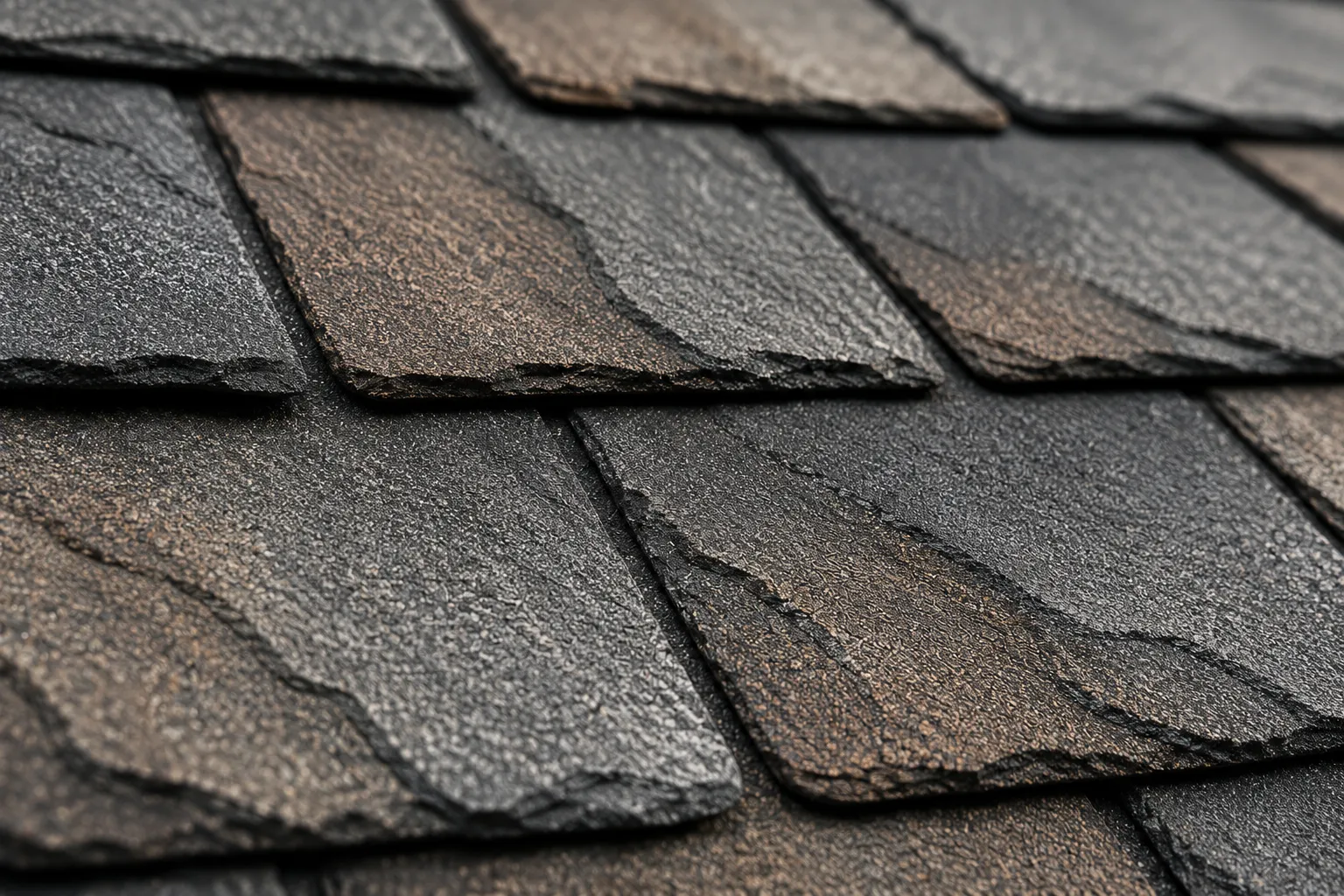 Luxury designer asphalt shingles with a slate-look texture, macro detail