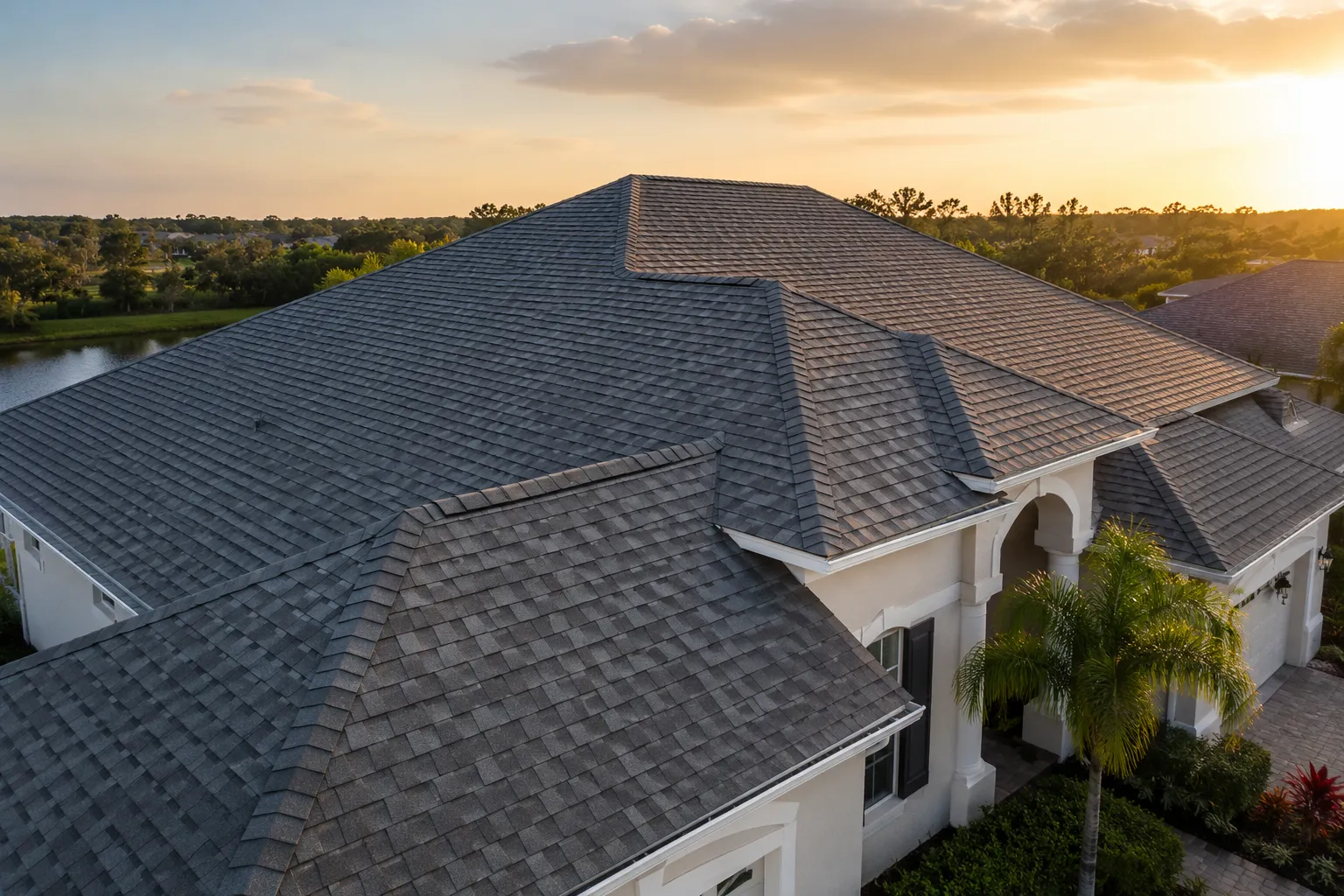 Aerial view of a shingle roof on a Central Florida home at sunset