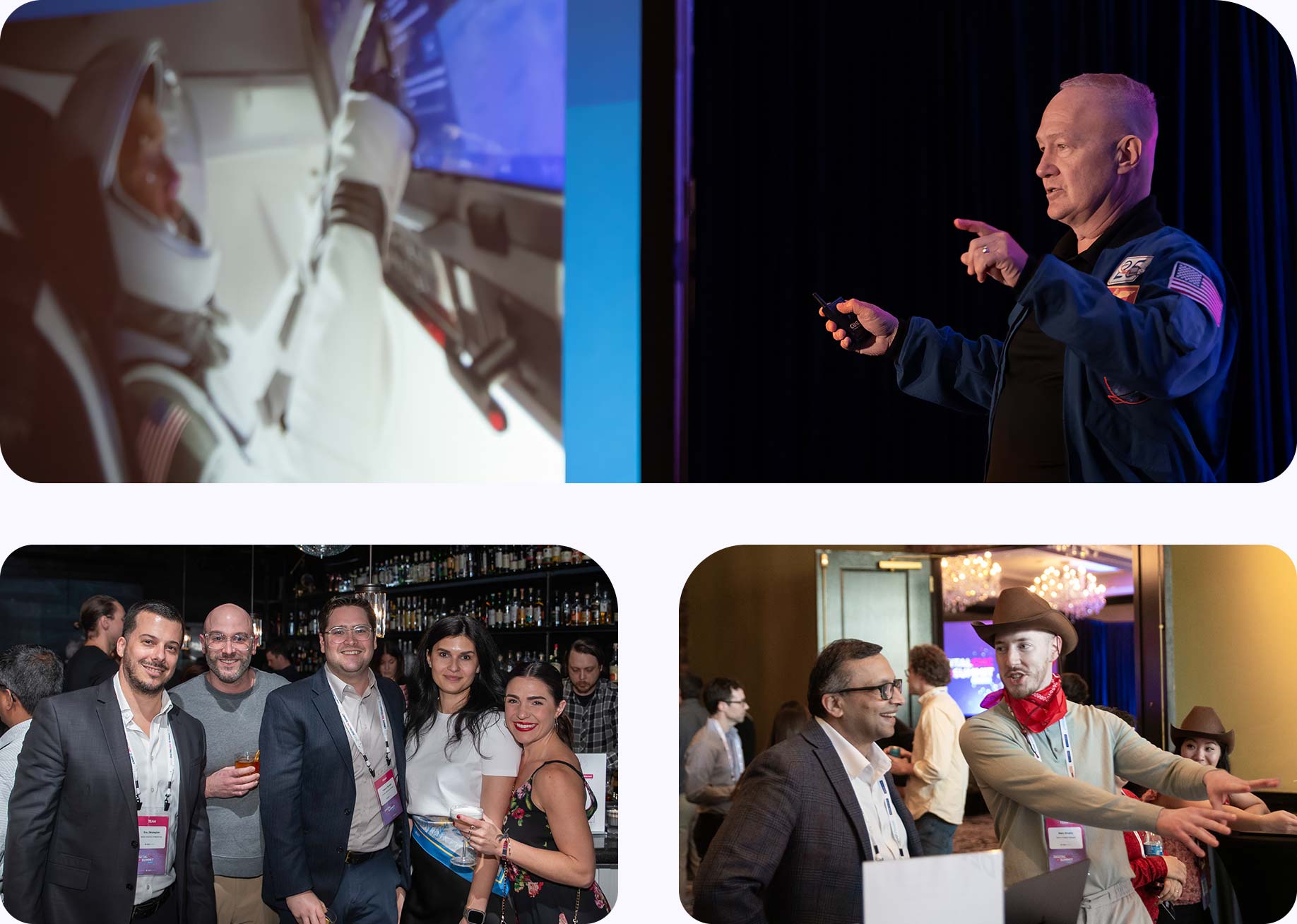 A three-image collage of a keynote address, a networking event, and a product demo at QbDVision's Digital CMC Summit