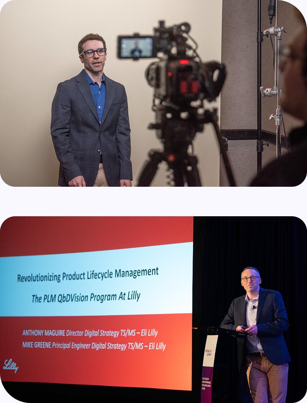 A two-image collage of a filming session and a presentation at QbDVision's Digital CMC Summit