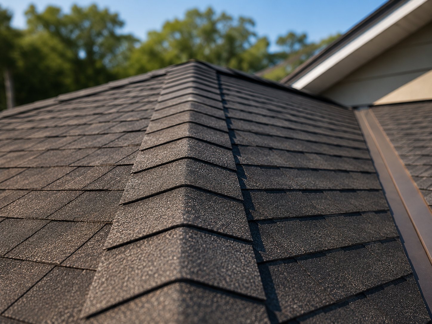 Shingle ridgeline craftsmanship close-up — Tip Top Roofing Company