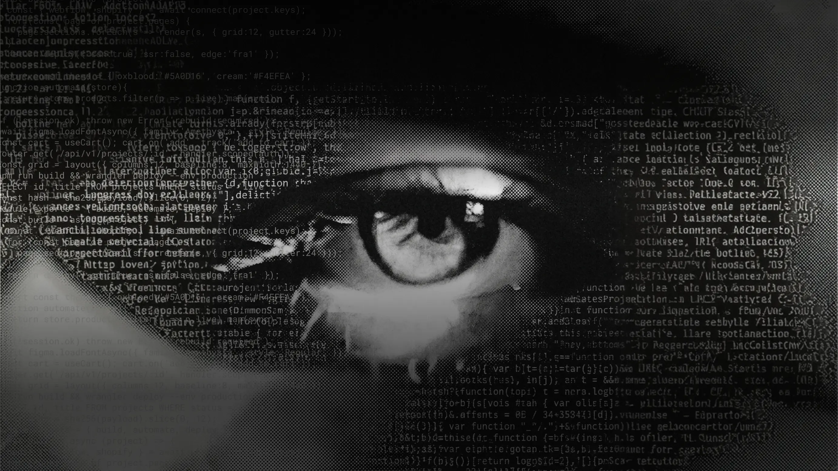 Close-up of a human eye overlaid with lines of code, hero image for Burgundy, a web design and development studio from Bangalore