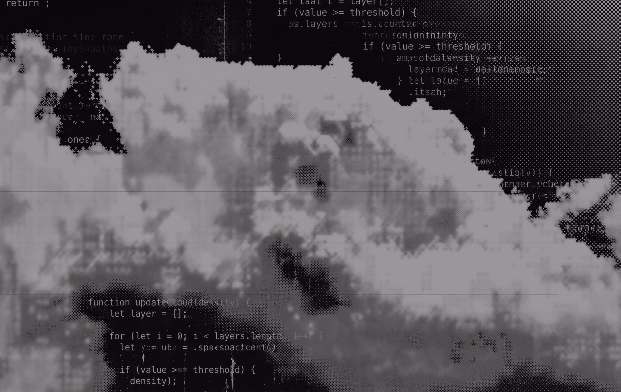 Storm clouds in coarse halftone with code fragments, about Burgundy, a founder-led web design studio in Bangalore