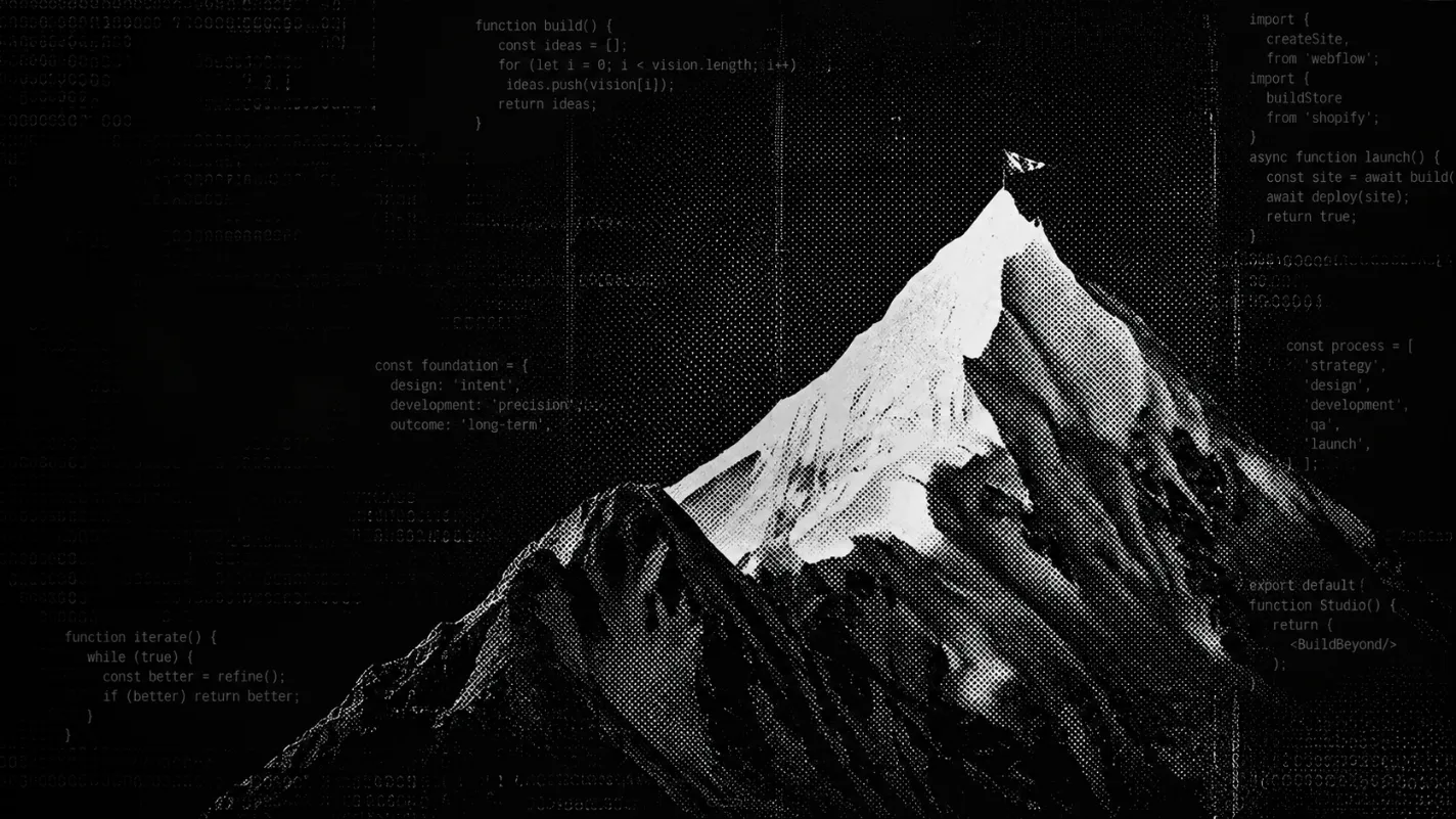 Snow-capped mountain peak with code overlay, website design and build service on Webflow and Shopify by Burgundy