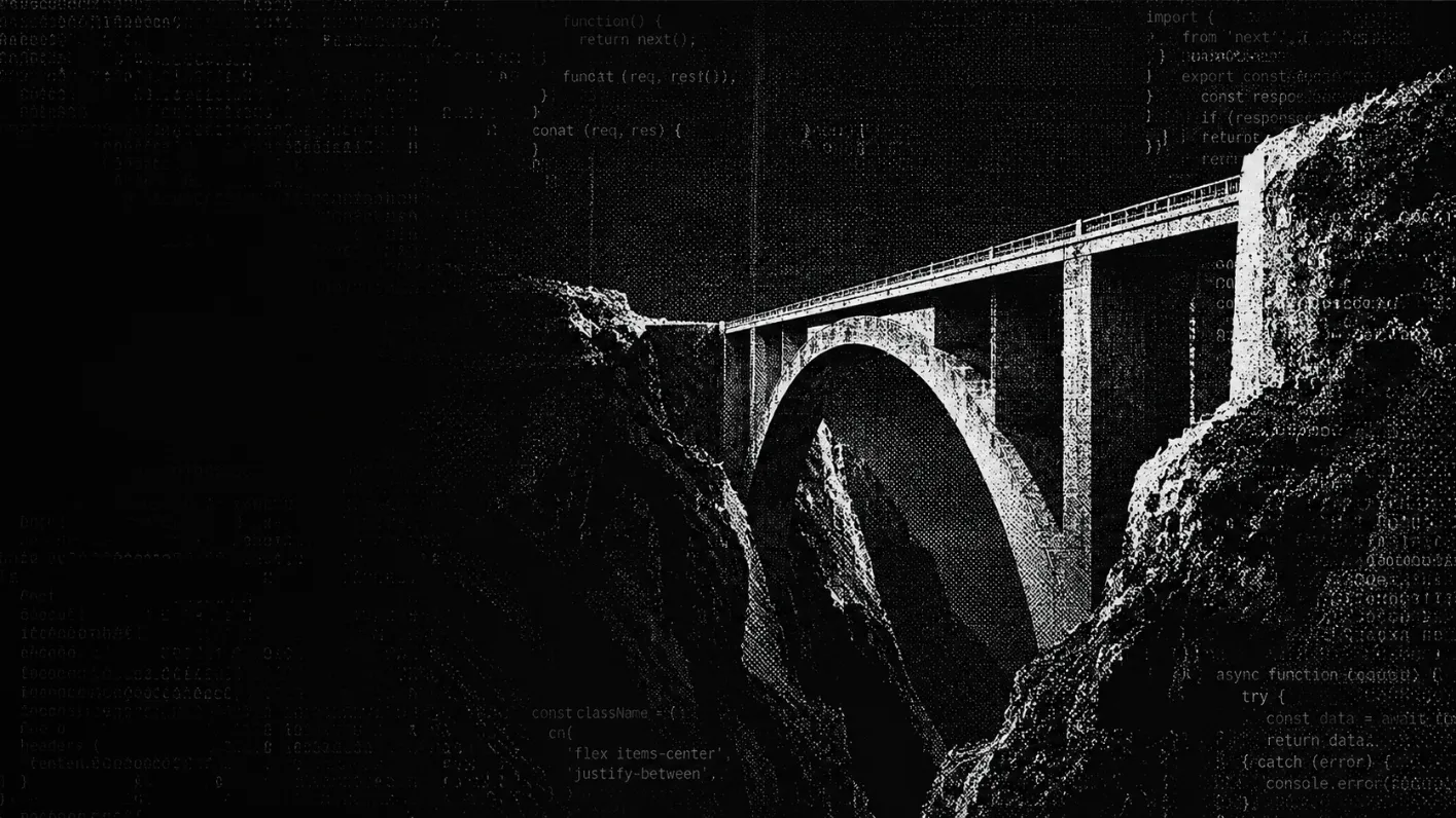 Stone viaduct across a gorge in black and white, website migration to Webflow or Shopify by Burgundy