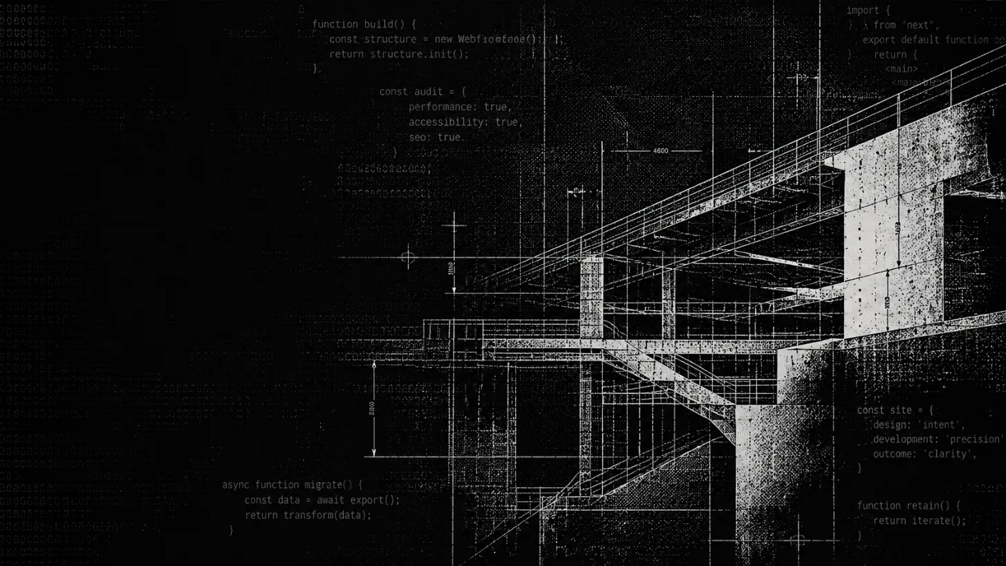 Technical line drawing of a building structure on black, 180-point website audit for Webflow and Shopify sites by Burgundy