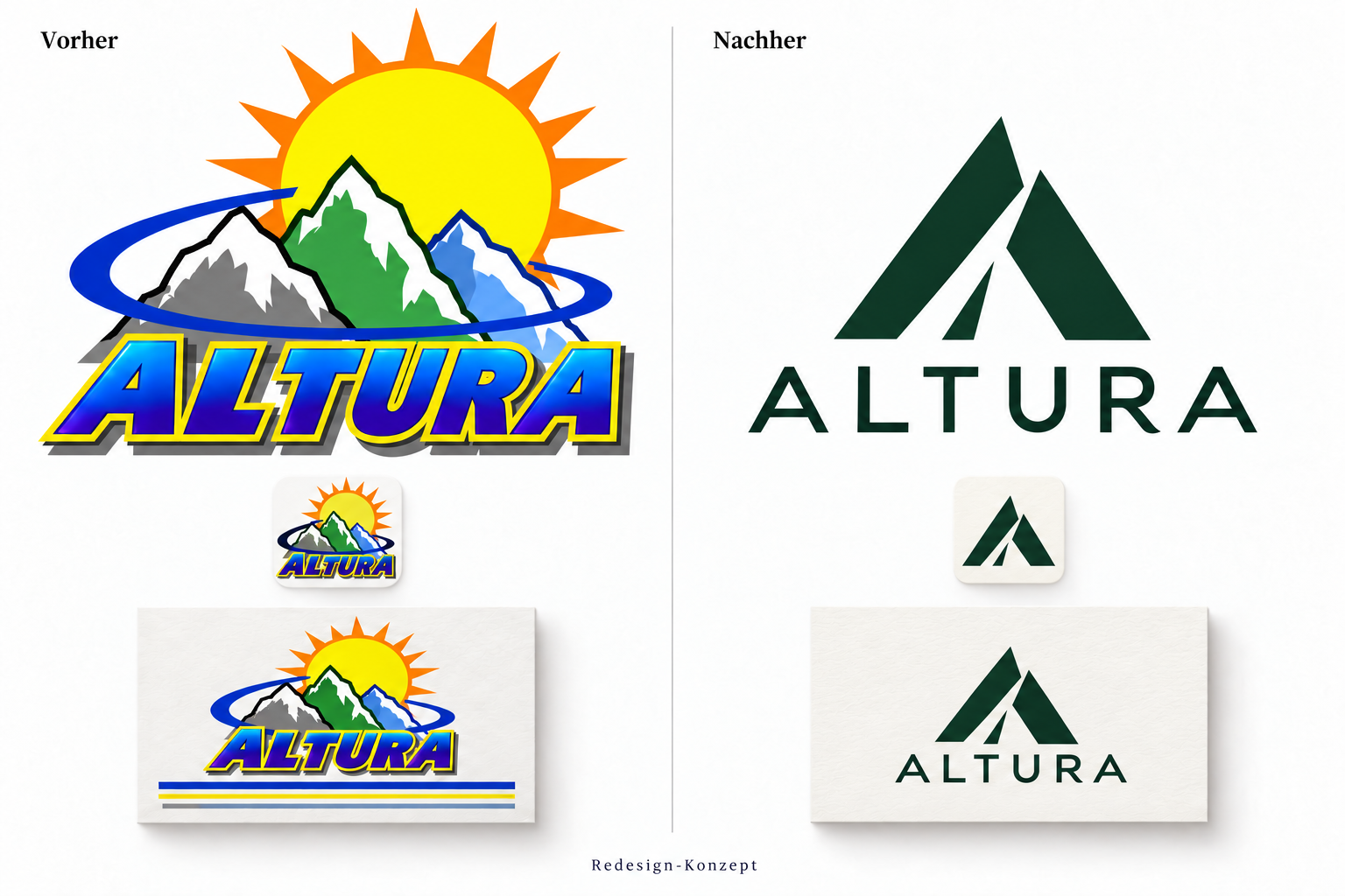Altura Redesign-Konzept im Vorher-Nachher-Vergleich: buntes Berglogo und neues waldgrünes Berg-A