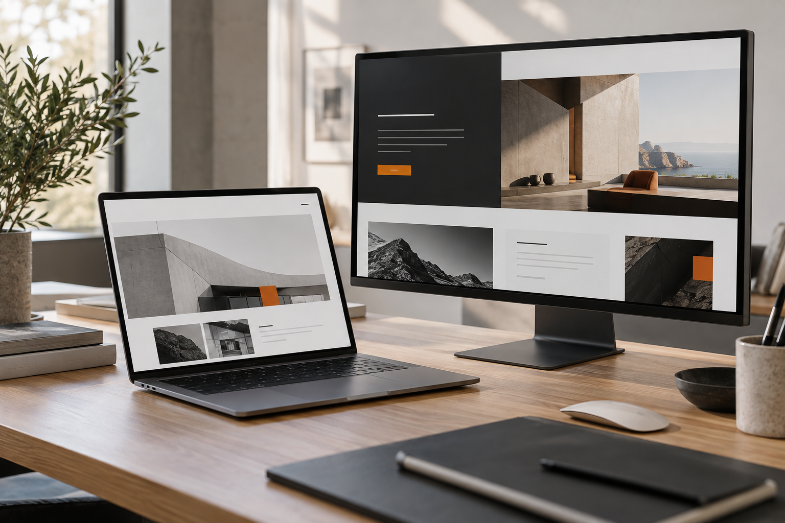 Digitaler Arbeitsplatz mit Laptop und Monitor