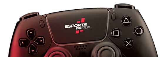 Black esports game controller with directional pad and action buttons labeled with shapes.