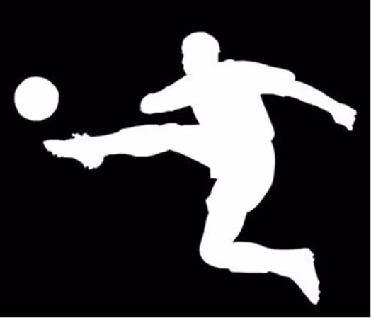 White silhouette of a soccer player kicking a ball on a black background.