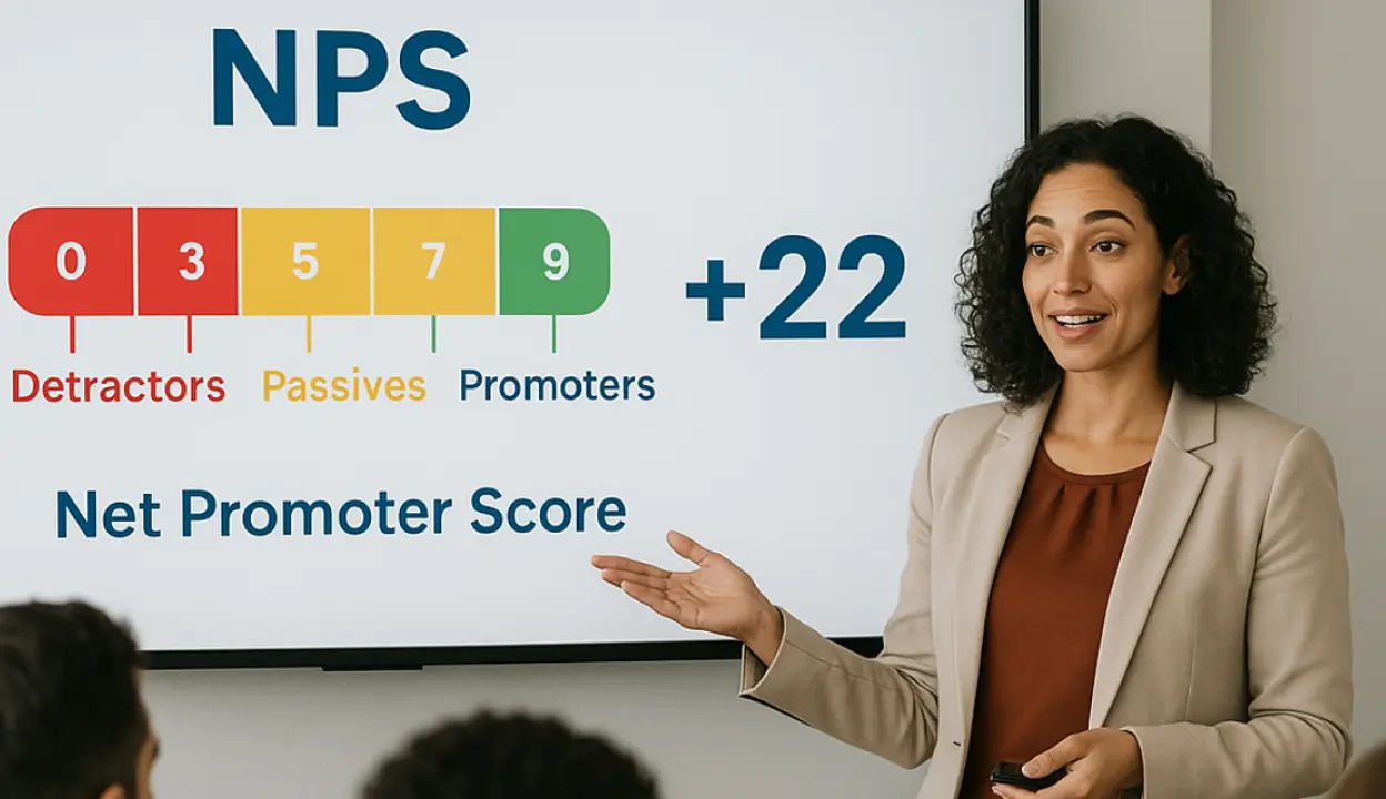 Presenter explaining Net Promoter Score (NPS) metrics during a customer insights presentation.