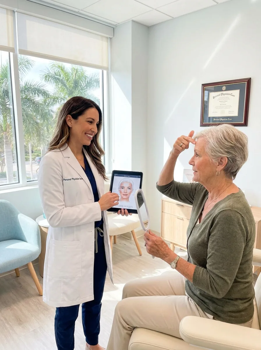 Provider reviewing a facial treatment plan on a tablet with a patient at Personal Physician Care