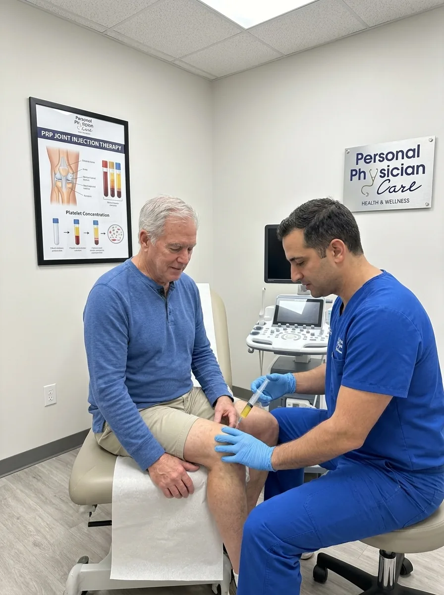 Physician giving a PRP knee injection to a patient at Personal Physician Care