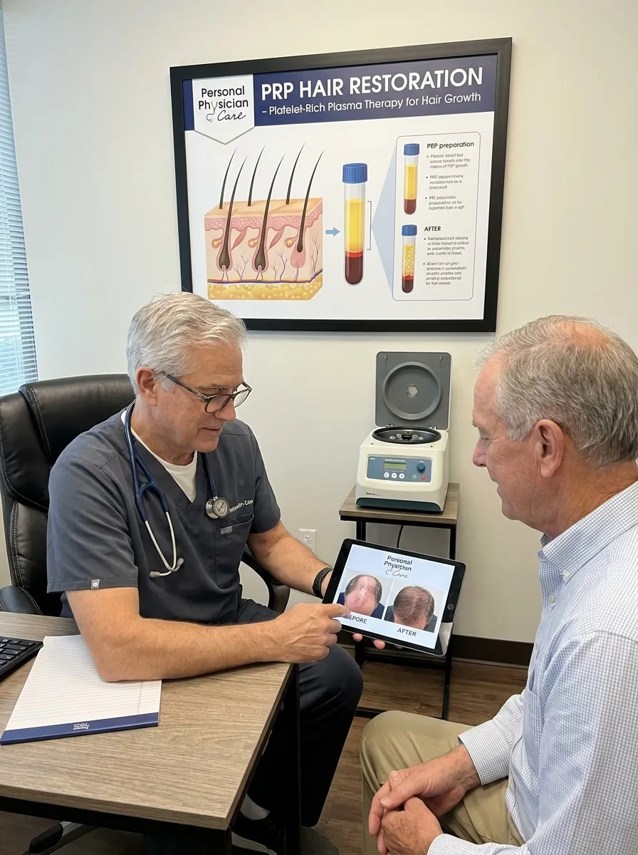 Physician consulting a patient about PRP hair restoration at Personal Physician Care