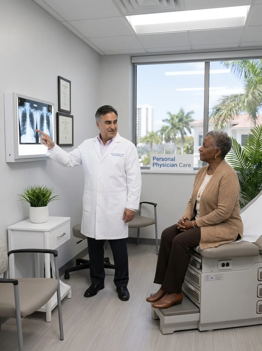 Physician reviewing a chest X-ray with a patient at Personal Physician Care
