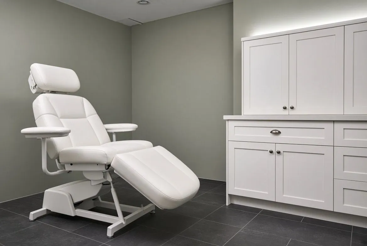 A reclining treatment chair beside white cabinetry in a treatment room.