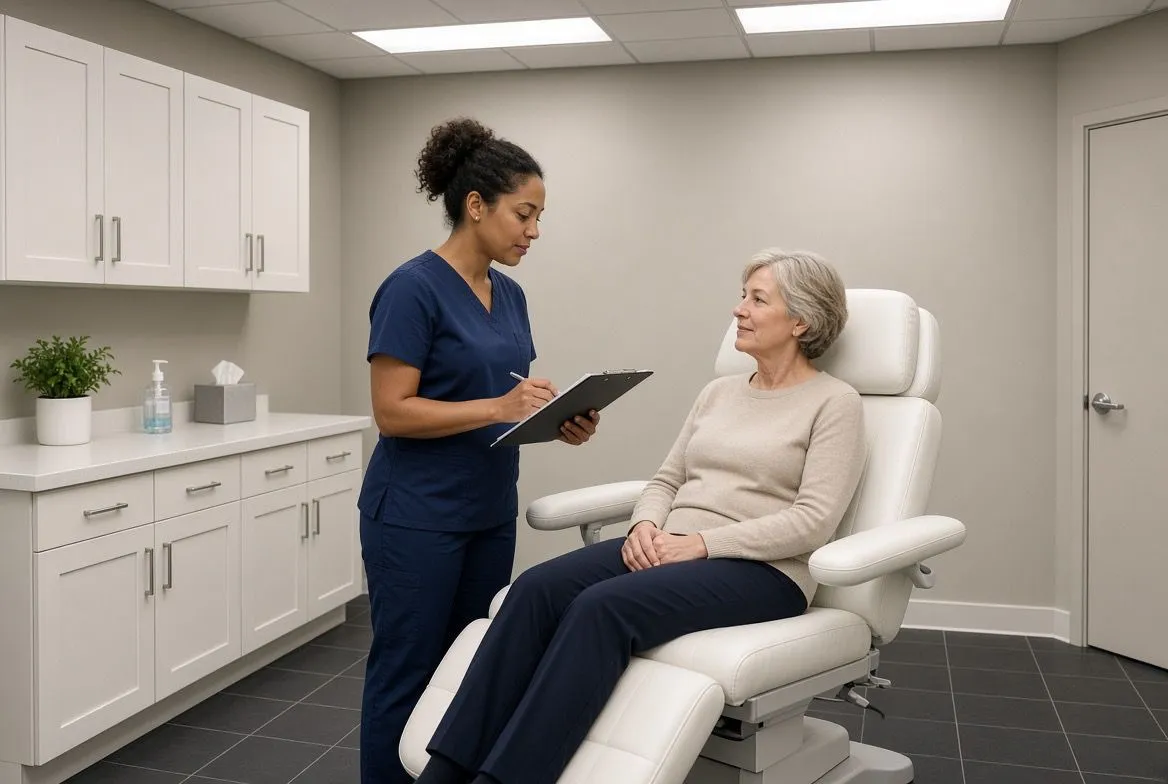 A nurse reviews intake notes with a patient seated in a treatment room.