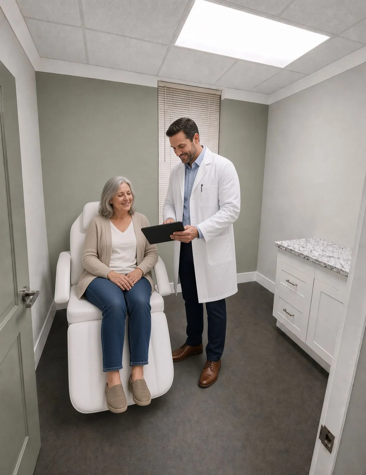 A physician goes over a tablet with a patient seated in a treatment room.
