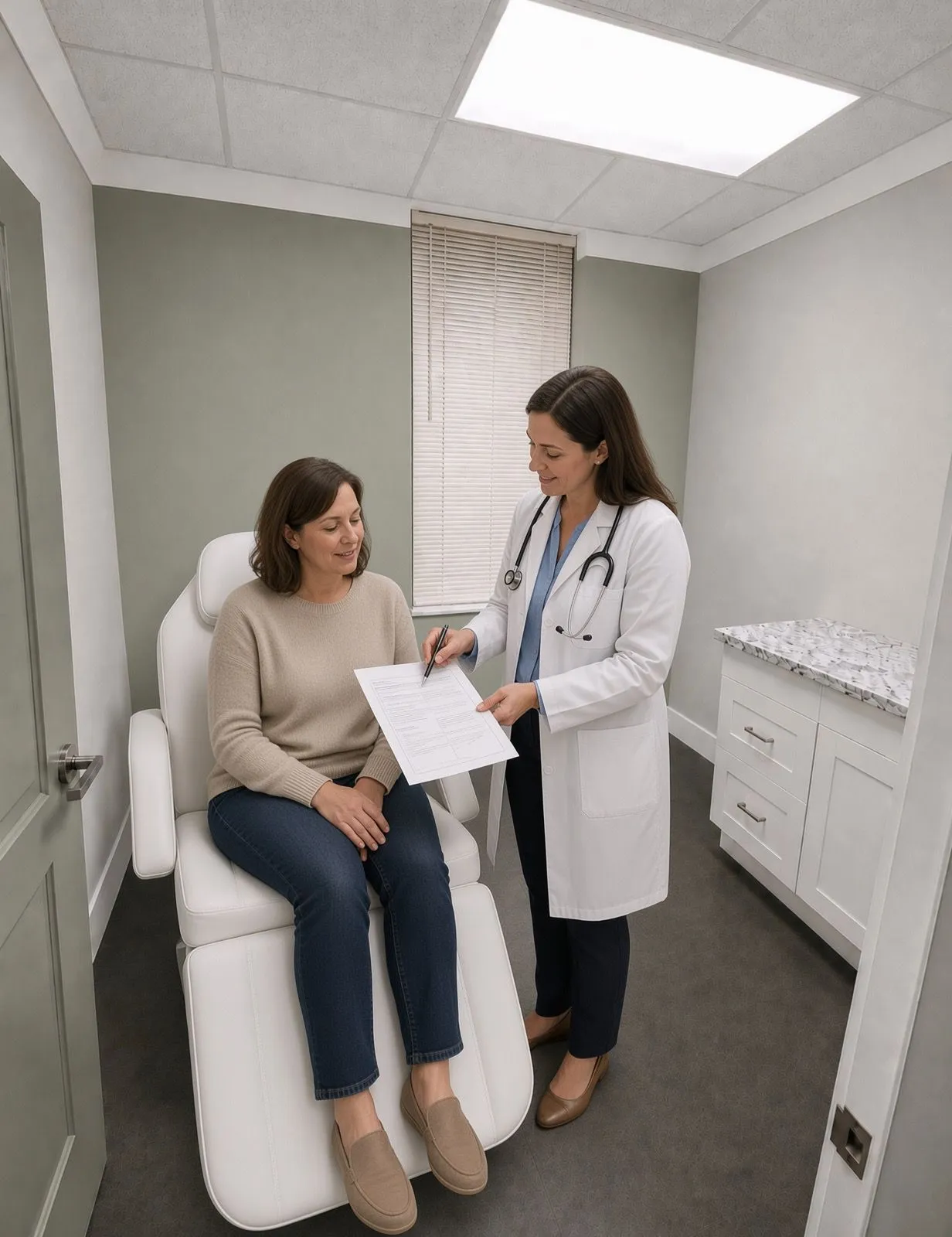 A physician reviews a care plan form with a patient in a treatment room.