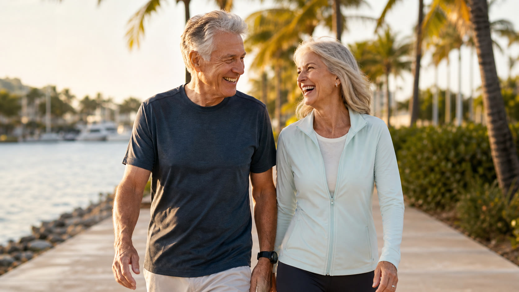 A healthy couple walking and talking on a waterfront path in South Florida