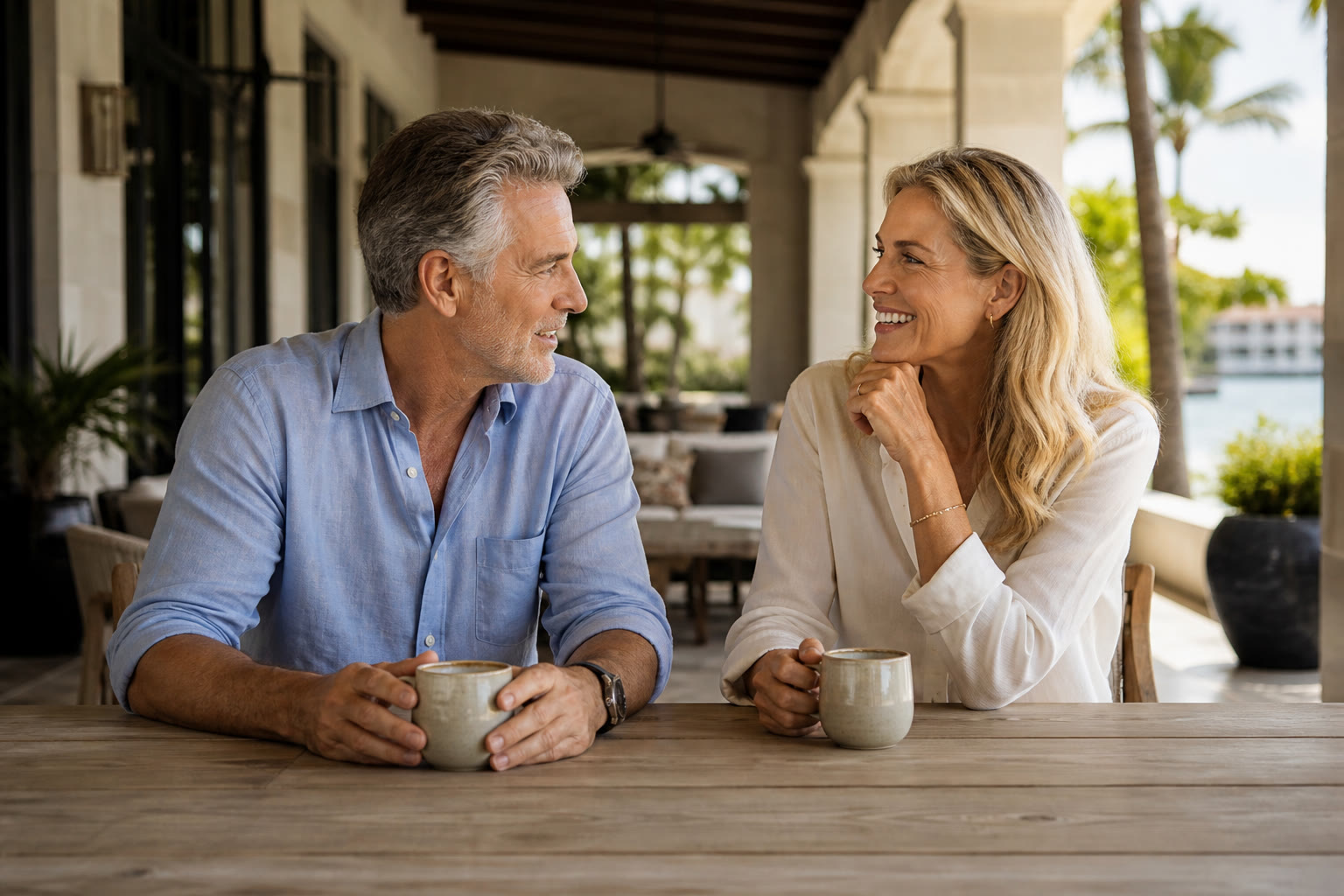 A couple talking over coffee on an outdoor terrace in South Florida
