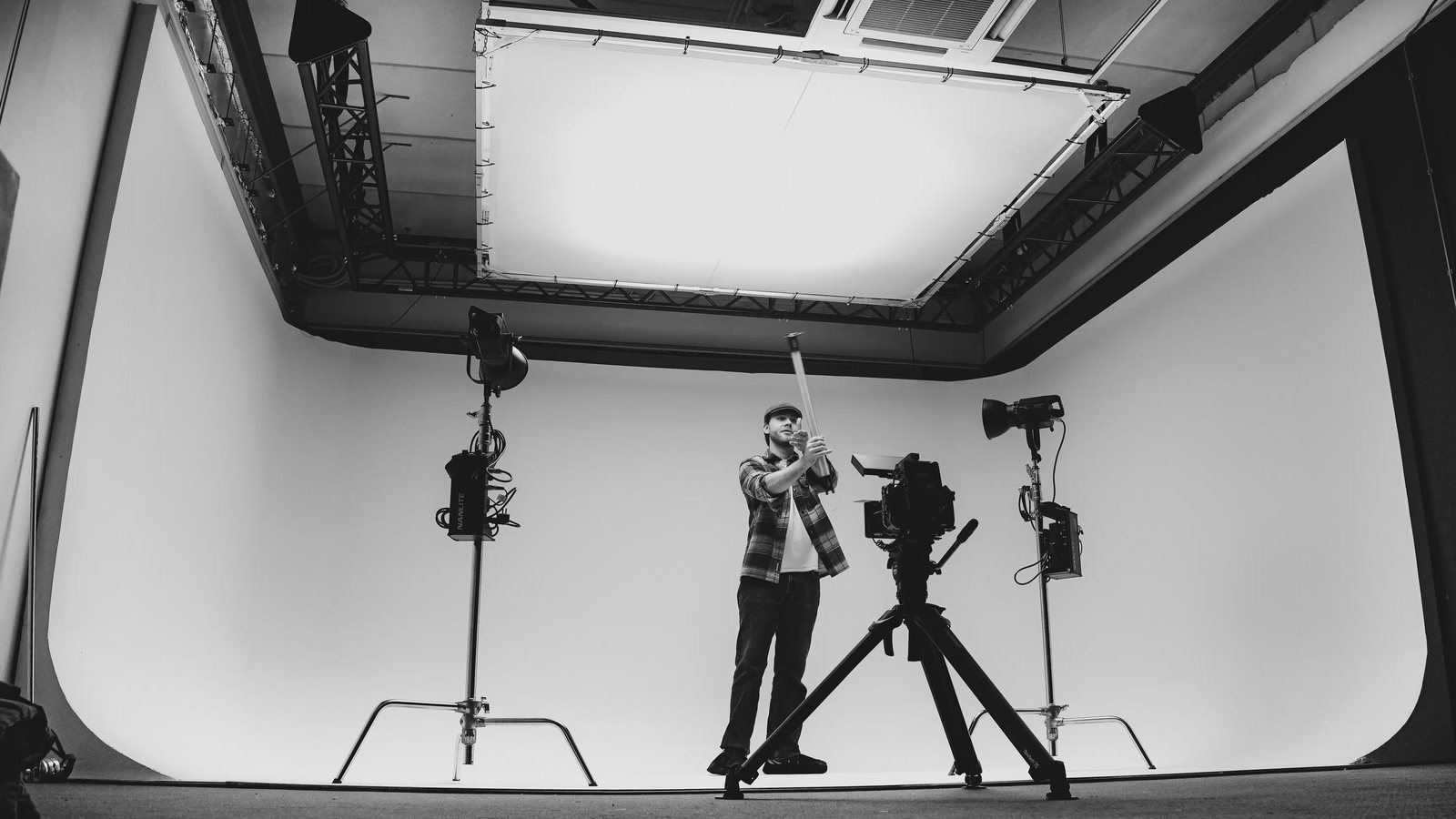 Lighting rig above the studio floor