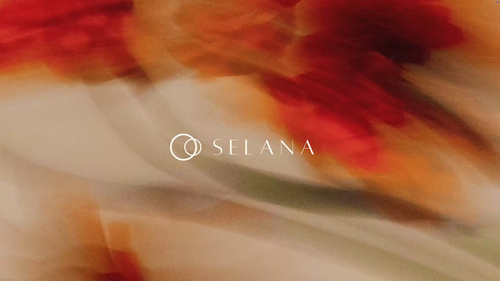 Selana logo over a soft-focus red floral background