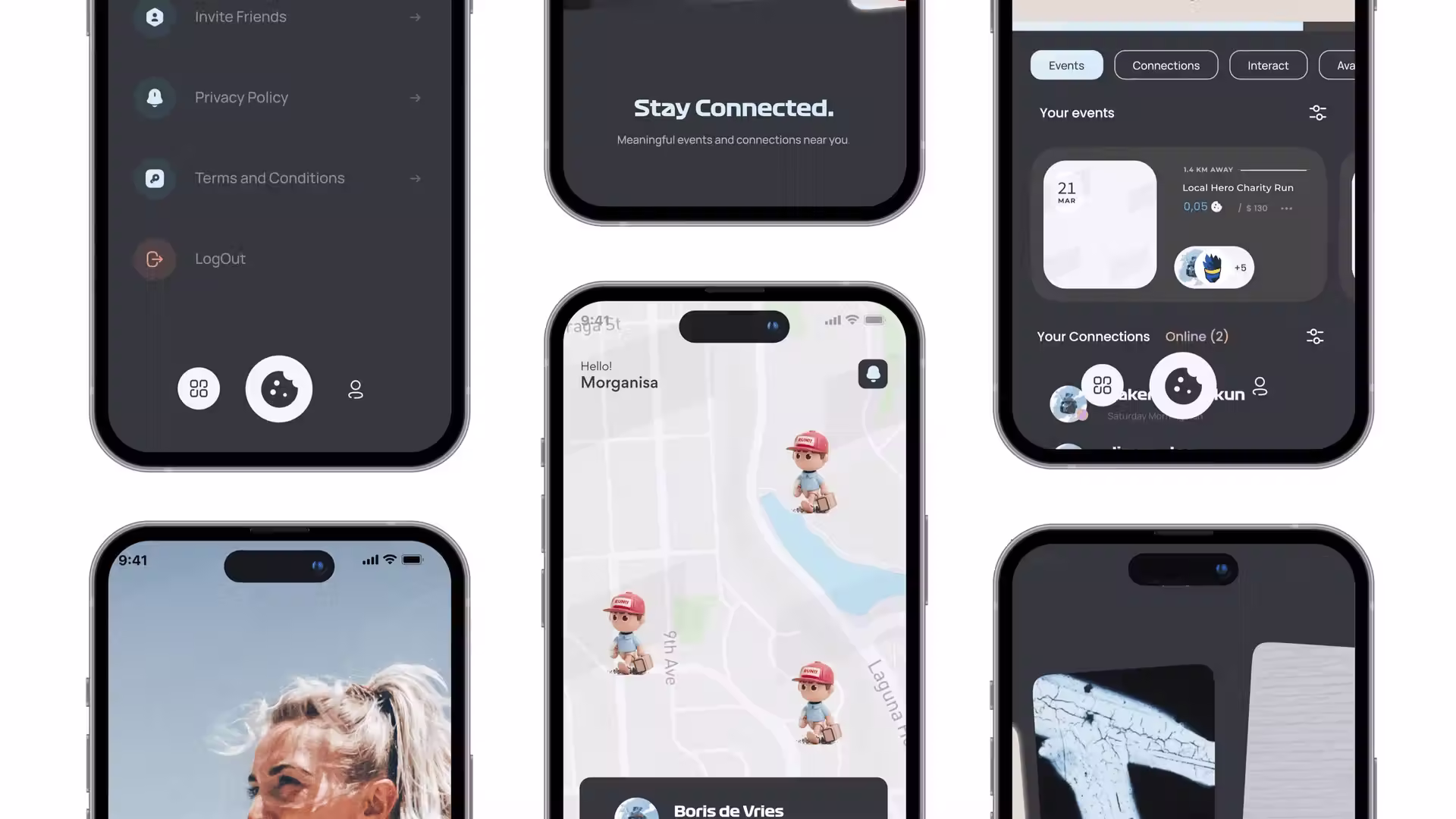 Mockups of the Allblazing mobile app screens including map, events and connections