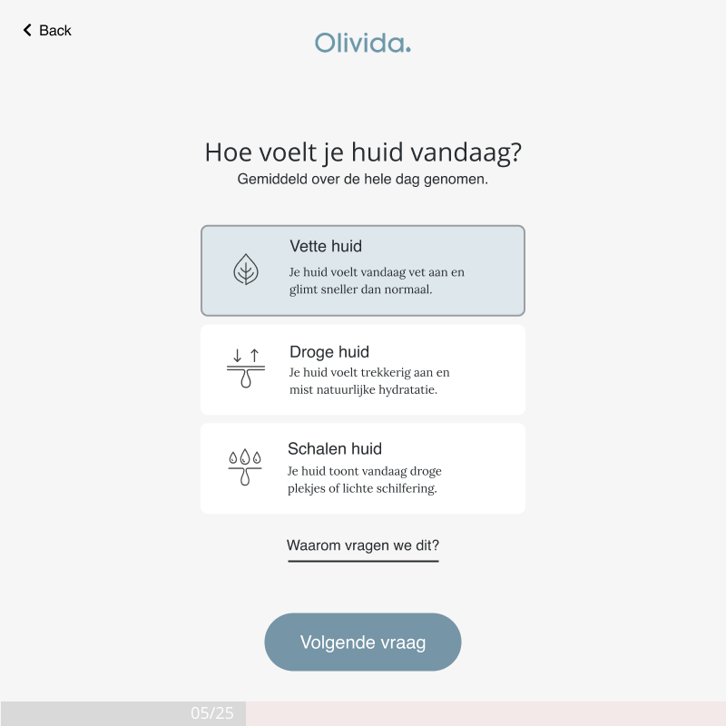Screen from the Olivida skincare quiz asking how your skin feels today