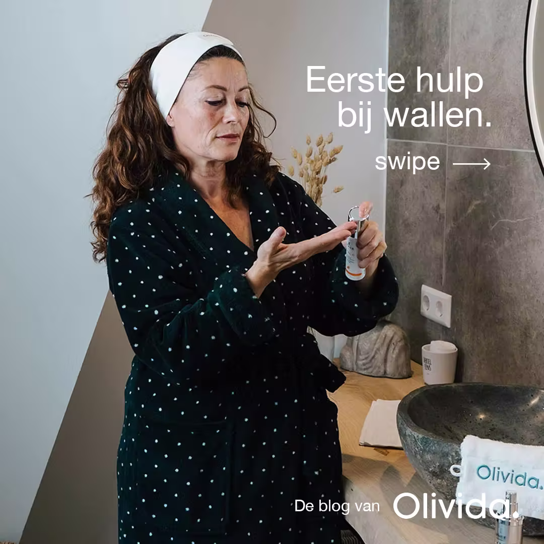 Olivida blog social post on first aid for puffy eyes, woman applying skincare