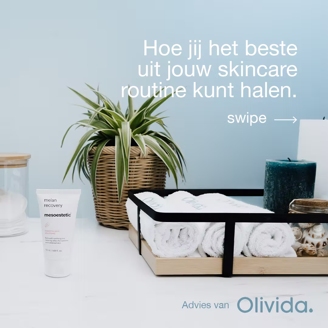 Olivida social post about getting the most from your skincare routine, products on a shelf