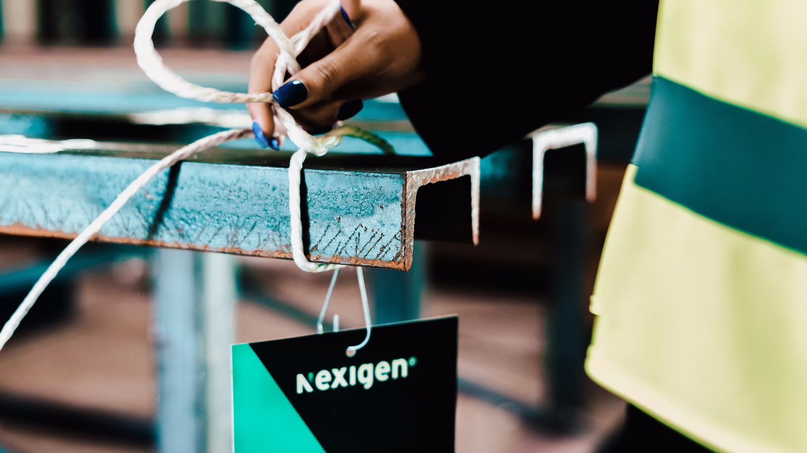 Hand attaching a Nexigen product tag to a steel beam, worker in a hi-vis jacket