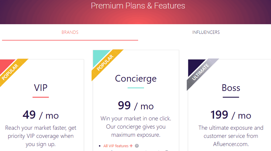 Afluencer for Small Businesses; Afluencer for Big Brands Premium Plans