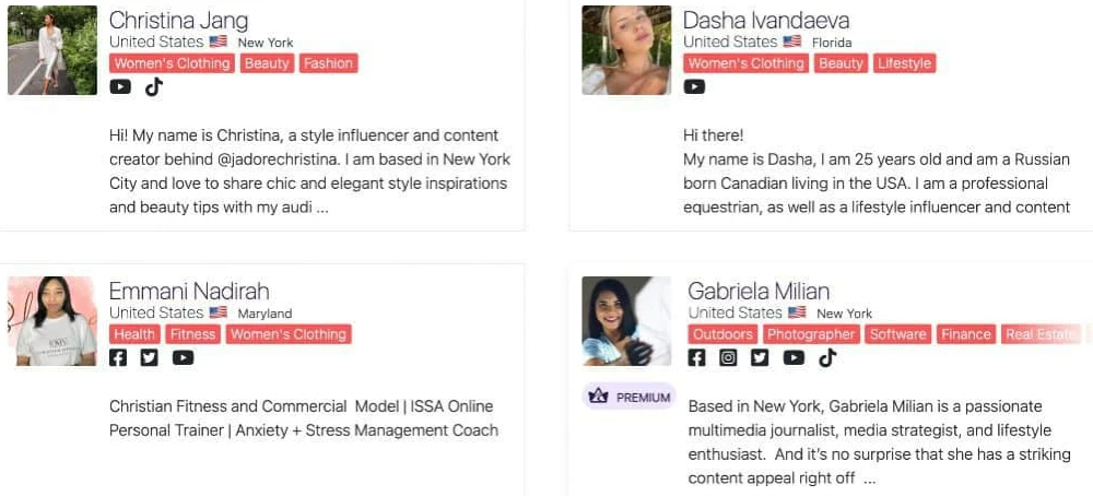 Search results for influencers on Afluencer