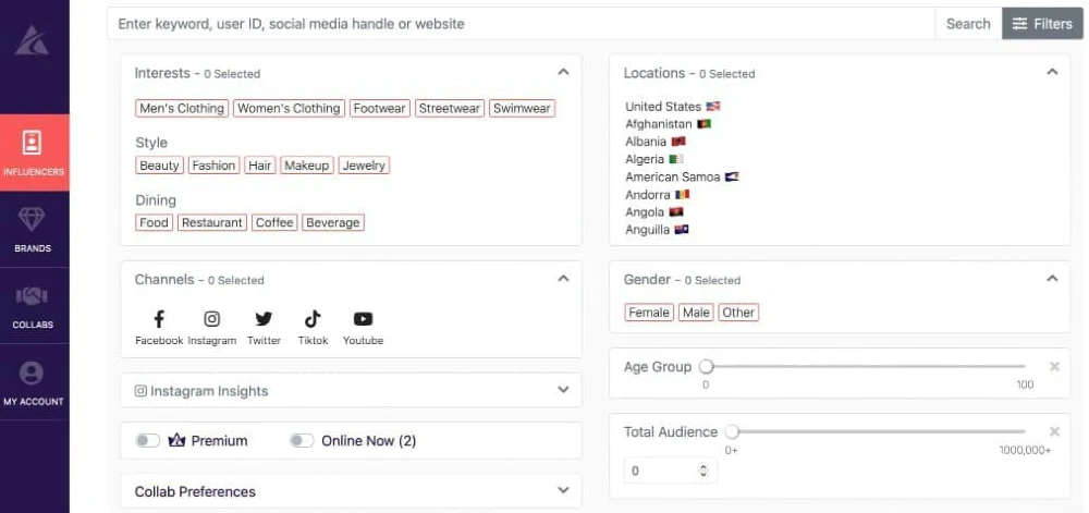 Search filter options on Afluencer to find influencers | Why affiliate marketing fails