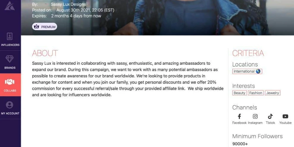 Afluencer brand profile page for Sassy Lux