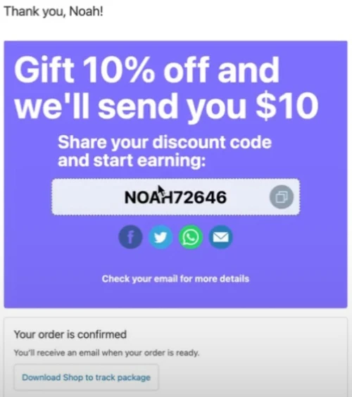 Sample of order confirmation message including discount code