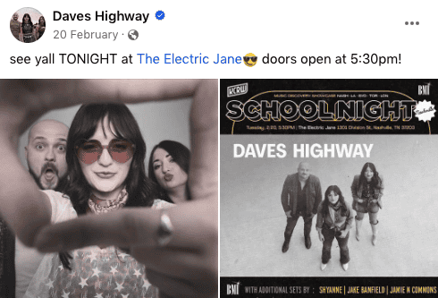 Daves Highway promoting live show at Electric Jane | Entertainment influencers