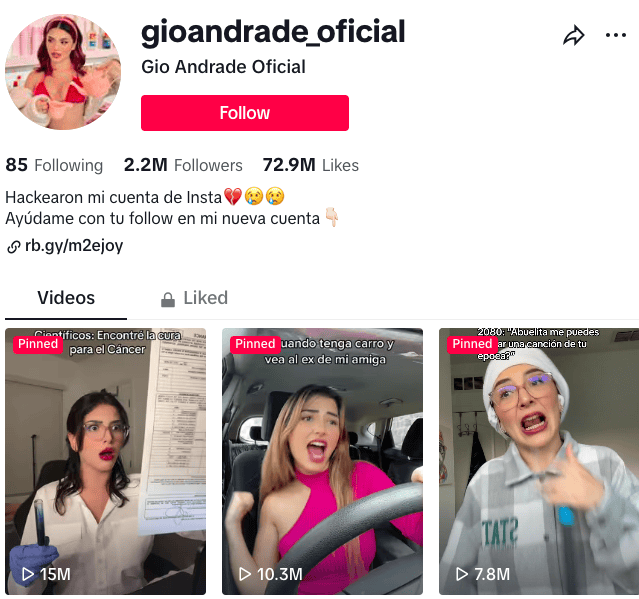 Gio Andrade's TikTok channel showing pinned videos