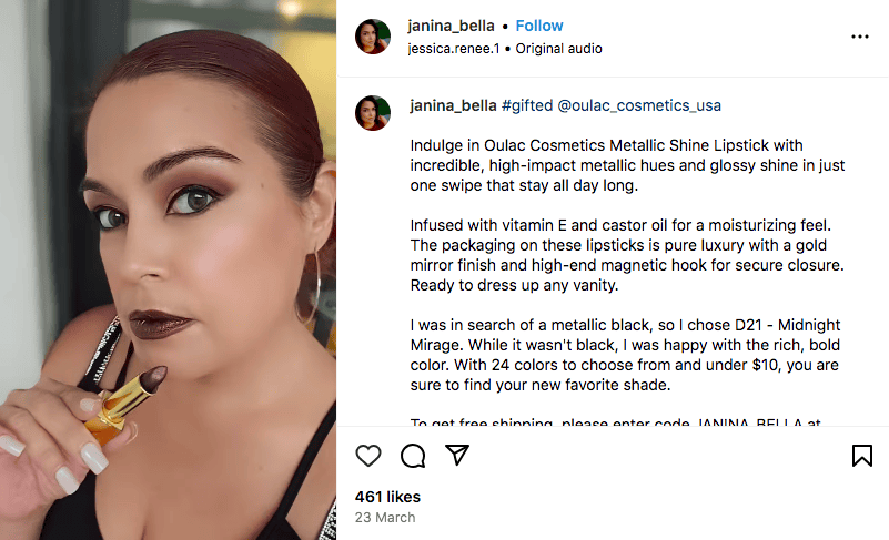 Janice Bosque promotes and demonstrates lipstick by Oulac Cosmetics