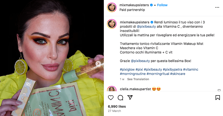Caterina Puddu share beauty products by Pixi while wearing lemon slice earrings