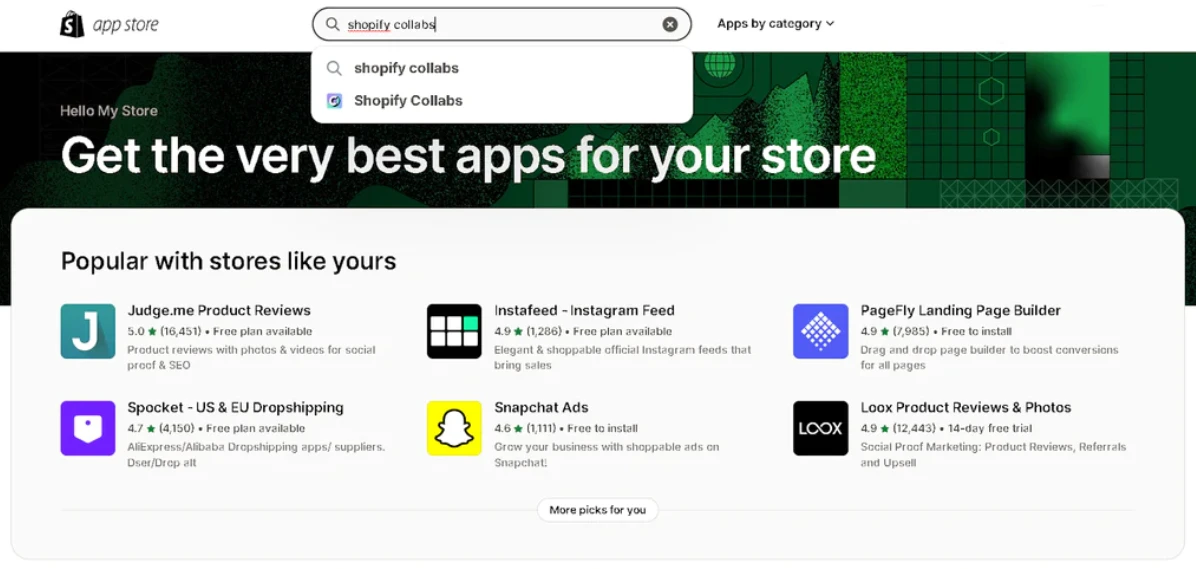 Searching for Shopify Collabs on the app store