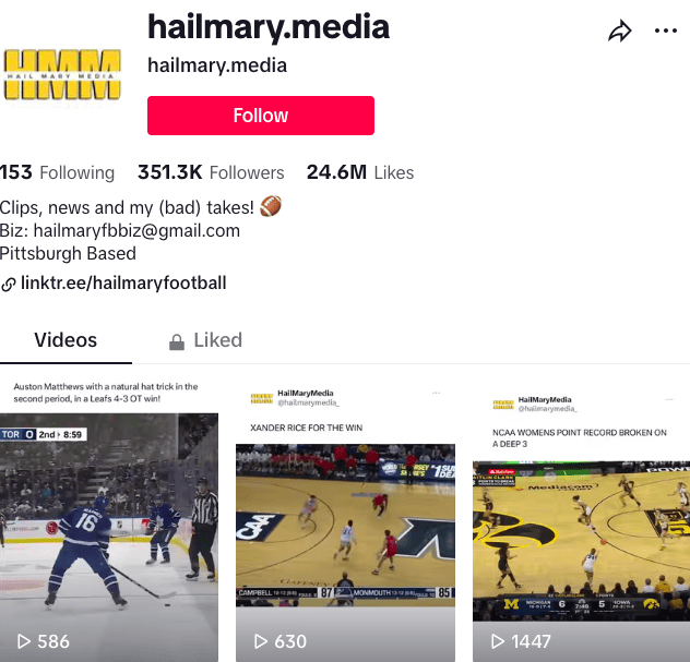 Hail Mary Football TikTok bio and video highlights